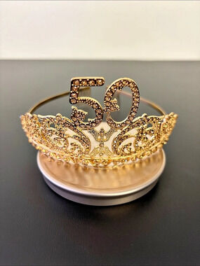 50 Tiara Rhinestone Tiara in Gold Like New